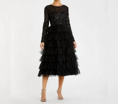 Mac Duggal Long Sleeve Ruffle Tiered Midi Dress In Black