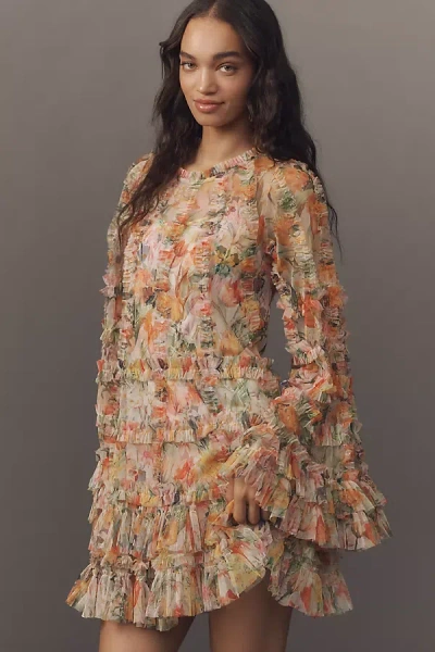 Mac Duggal Long-sleeve Ruffled Mini Dress In Beige