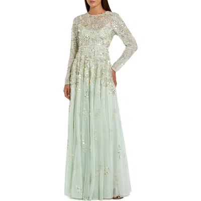 Mac Duggal Long Sleeve Sequin And Pearl Embellished Gown In Green