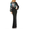 Mac Duggal Embellished Multi Color Floral High Neck Gown In Black Multi