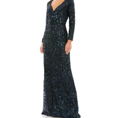 Mac Duggal Long Sleeve Sequined Gown In Blue