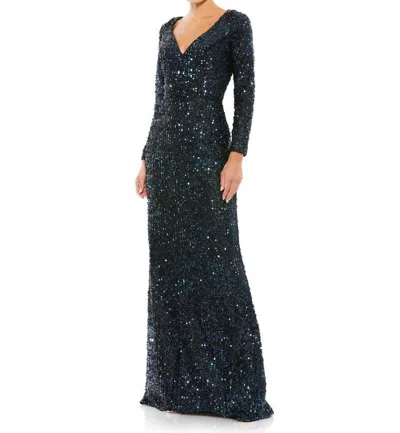 Mac Duggal Long Sleeve Sequined Gown In Midnight In Blue