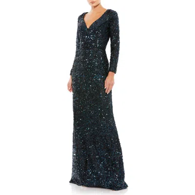Mac Duggal Long Sleeve Sequined Gown In Midnight