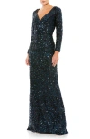 Mac Duggal Long Sleeve Sequined Gown In Midnight In Midnight