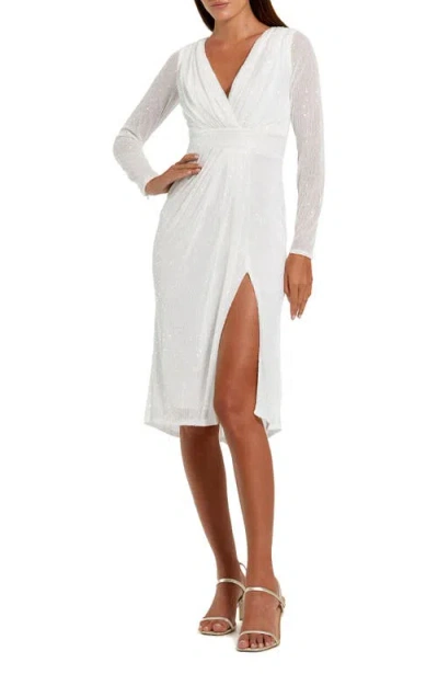 Mac Duggal Sequined Long Sleeve Midi Dress In White