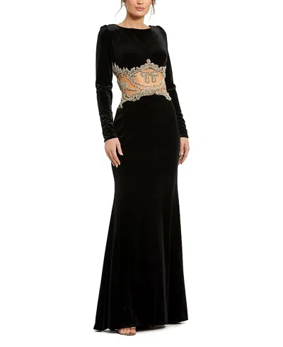 Mac Duggal Long Sleeve Sheer Embellished Velvet Gown In Black