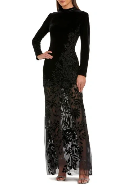 MAC DUGGAL MAC DUGGAL LONG SLEEVE SHEER FLORAL EMBROIDERED VELVET GOWN