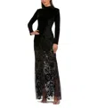 Mac Duggal Long Sleeve Sheer Floral Embroidered Velvet Gown In Black