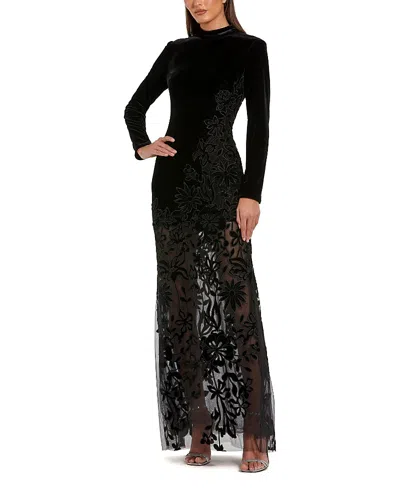 Mac Duggal Long Sleeve Sheer Floral Embroidered Velvet Gown In Black