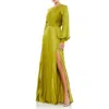 Mac Duggal Long Sleeve Structured Bow Draped Column Gown In Chartreuse