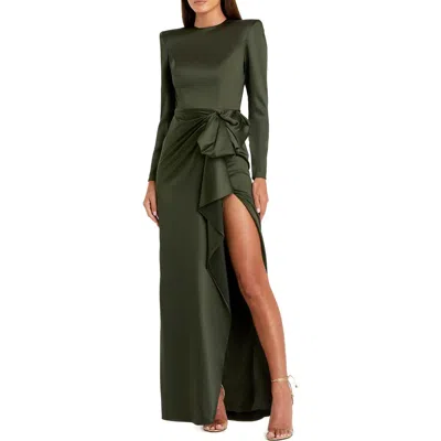 Mac Duggal Long Sleeve Structured Bow Draped Gown In Olive