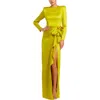 Mac Duggal Long Sleeve Structured Bow Draped Column Gown In Yellow