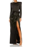 Mac Duggal Satin Bow Long Sleeve Column Gown In Black