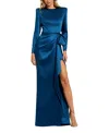 Mac Duggal Long Sleeve Structured Bow Draped Gown In Ocean Blue