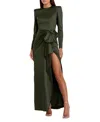 Mac Duggal Long Sleeve Structured Bow Draped Column Gown In Olive