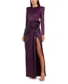 Mac Duggal Purple Long Sleeve Structured Bow Draped Column Gown In Purple