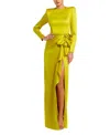 Mac Duggal Long Sleeve Structured Bow Draped Gown In Yellow