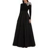 Mac Duggal Long Sleeve Taffeta Embellished 3d Flower Detail Ball Gown In Black