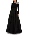 Mac Duggal Long Sleeve Taffeta Embellished 3d Flower Detail Ball Gown In Black