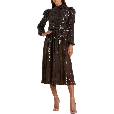 Mac Duggal Long Sleeve Tea Length Sequin Dress In Brown