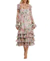 Mac Duggal Long Sleeve Tie Neck Ruffle Detail Floral Dress In Lilac Multi
