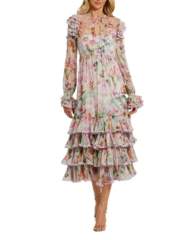 MAC DUGGAL LONG SLEEVE TIE NECK RUFFLE DETAIL FLORAL DRESS