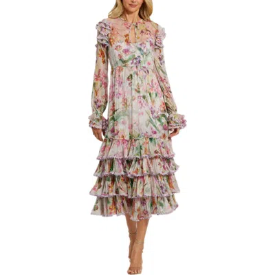 Mac Duggal Long Sleeve Tie Neck Ruffle Detail Floral Dress In Lilac Multi