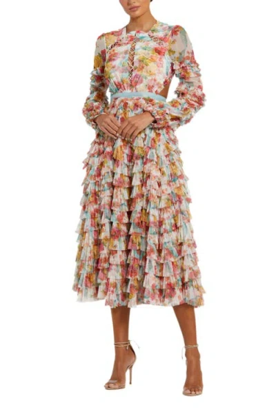 Mac Duggal Long Sleeve Tiered Ruffle Cutout Criss Cross Dress In White Multi