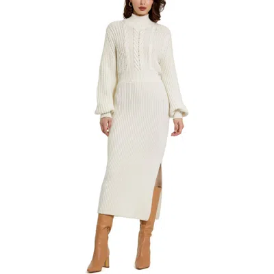 Mac Duggal Long Sleeve Turtle Neck Knit Midi Dress In Ecru