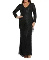 Mac Duggal Long Sleeve V Beck Beaded Fringe Gown In Black