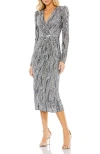 Mac Duggal Embellished Faux Wrap Puff Sleeve Midi Dress In Silver