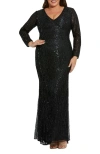 Mac Duggal Long Sleeve V Neck Beaded Fringe Gown In Black