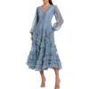 Mac Duggal Long Sleeve V Neck Mesh Micro Ruffle Midi Dress