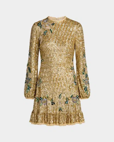 Mac Duggal Long-sleeve Sequin Flutter Mini Dress In Gold