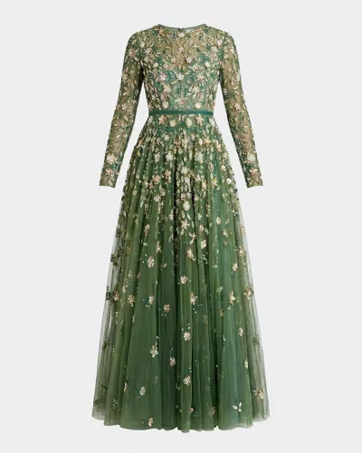 Mac Duggal Long-sleeve Tulle Fit-and-flare Gown In Green