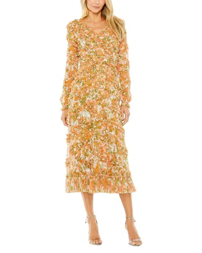 Mac Duggal Floral Ruffle Tiered V-neck Mesh Long Sleeve Dress In Brown