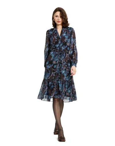 Mac Duggal Lurex Chiffon Bishop Sleeve Button Up Midi Dress In Black Multi