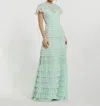 Mac Duggal Beaded Mesh High Neck Micro Ruffle Floral Gown