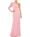 Mac Duggal One-shoulder Gown With Dramatic Puff Sleeve And Thigh-high Slit In Pink