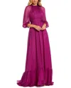 Mac Duggal Chiffon Ruffled High Neck Raglan Sleeves Evening Gown In Pink