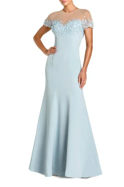 Mac Duggal Mermaid Crepe Gown With Beaded Illusion Neck In Blue