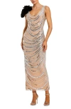 Mac Duggal Mesh Beaded 3d Flower Cowl Back Ankle Dress In Multi