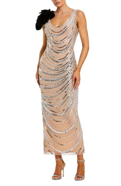 Mac Duggal Mesh Beaded 3d Flower Cowl Back Ankle Dress In Multi