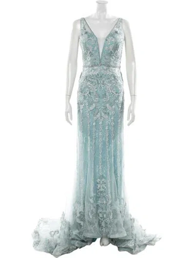 Pre-owned Mac Duggal Mesh Long Dress In Blue