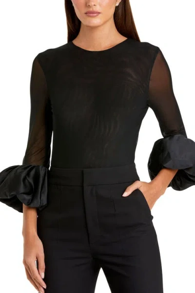 Mac Duggal Mesh Long Sleeve Bodysuit With Satin Puff Sleeves In Black