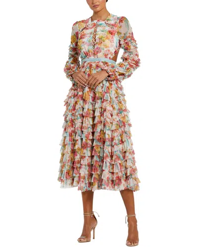 Mac Duggal Mesh Long Sleeve Ruffle Criss Cross Midi Dress In Multi