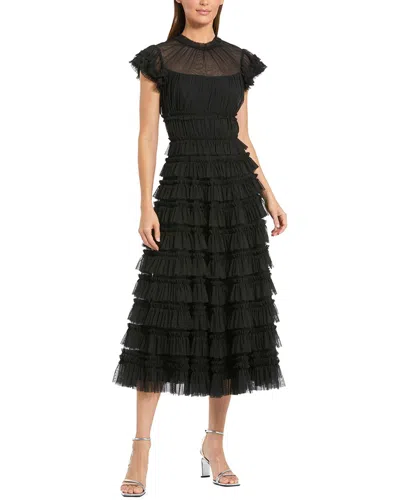 Mac Duggal Mesh Micro Ruffle High Neck Cap Sleeve Midi Dress In Animal Print