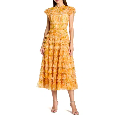 Mac Duggal Mesh Micro Ruffle High Neck Cap Sleeve Midi Dress In Orange