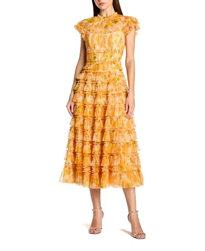Mac Duggal Mesh Micro Ruffle High Neck Cap Sleeve Midi Dress In Orange