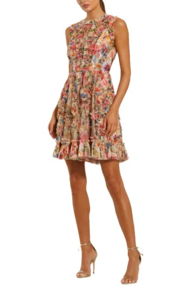 Mac Duggal Mesh Micro Ruffle High Neck Mini Dress
